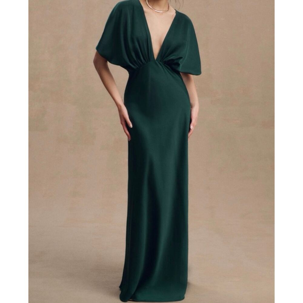 BHLDN Anthropologie Leila Satin Gown Dress 4 Forest Emerald Green Flutter Sleeve